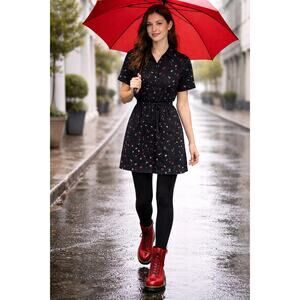 Atmosphere Heart Print Shirt Dress Black Red White Belted Size US 4